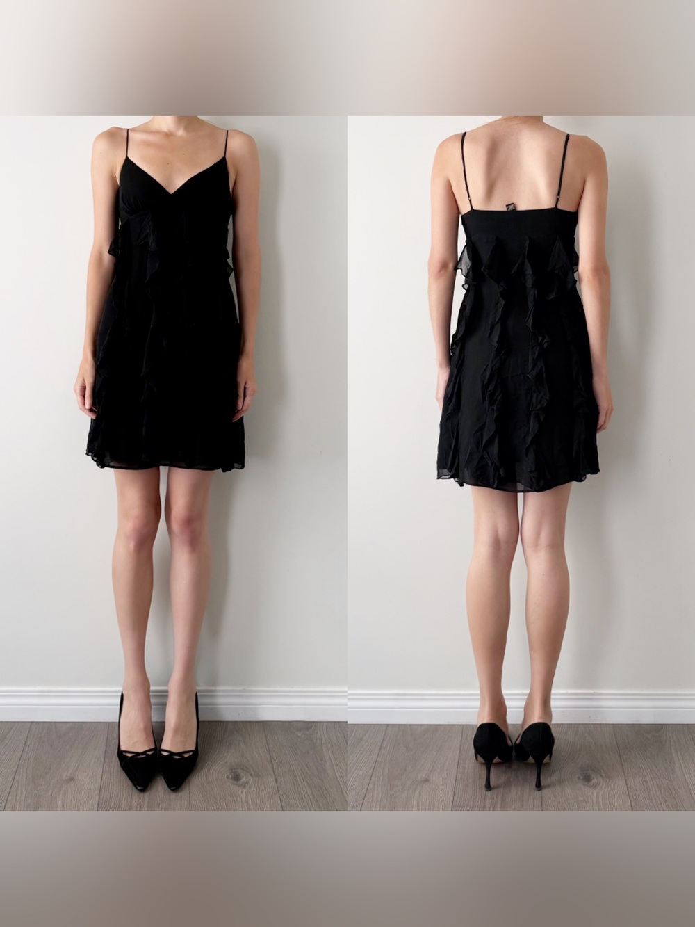 forever 21 black 100% silk ruffle mini dress